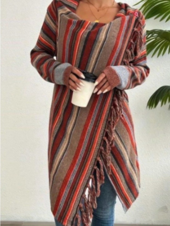 Sweaters - Striped Fringe Open Front Cardigan - Rust Multi